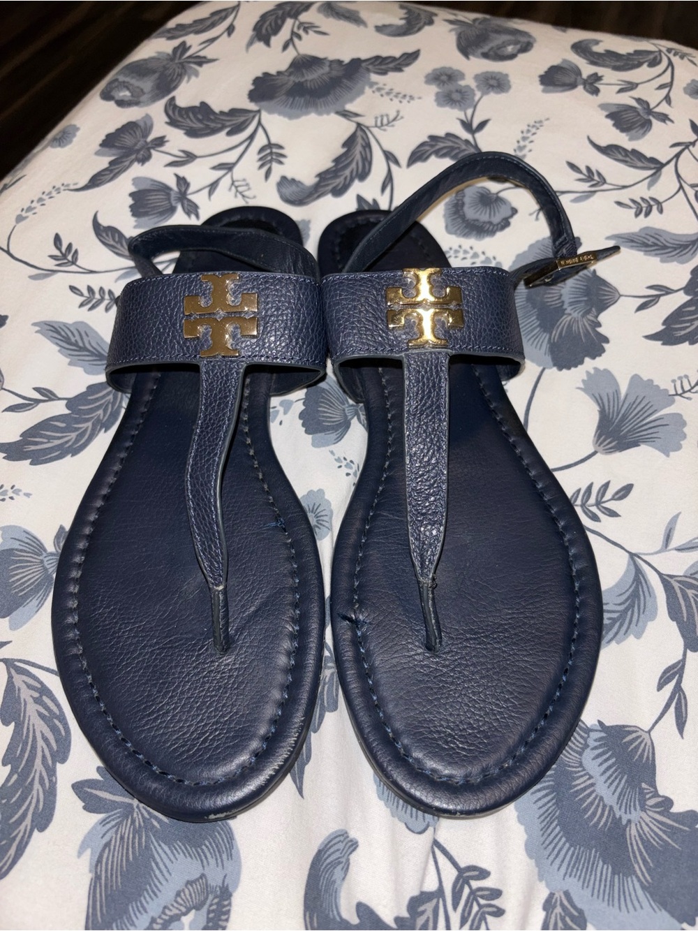 Tory Burch Navy Leather Logo Thong Sandals with Gold Emblem